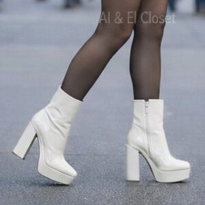 Guess BYRA Women’s Platform Block Heel Ankle Boots Ivory Patent 10M New With Box